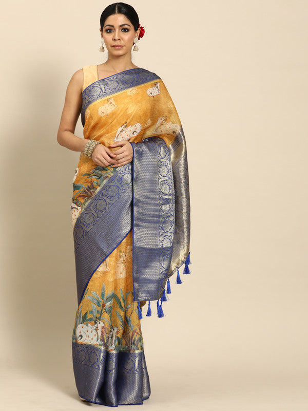 Mustard Munga Silk saree with digital animal print and matching unstitched blouse