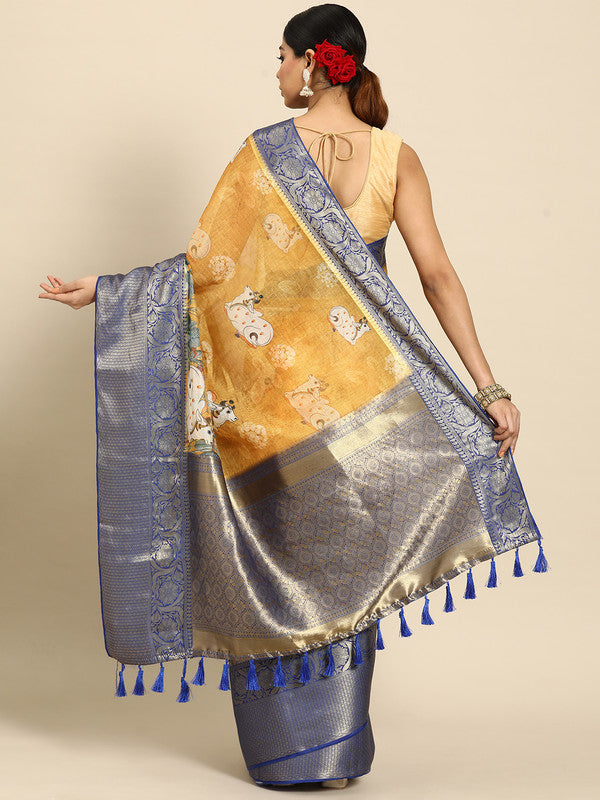 Mustard Munga Silk Animal Print Saree with Unstitched Blouse Piece