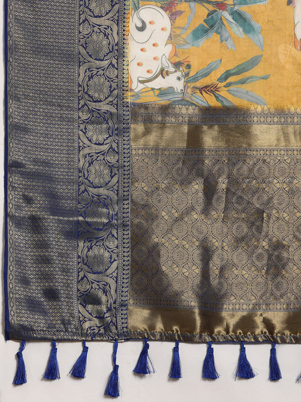 Mustard Munga Silk Animal Print Saree with Unstitched Blouse Piece