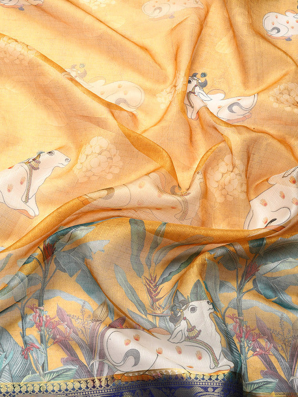 Mustard Munga Silk Animal Print Saree with Unstitched Blouse Piece