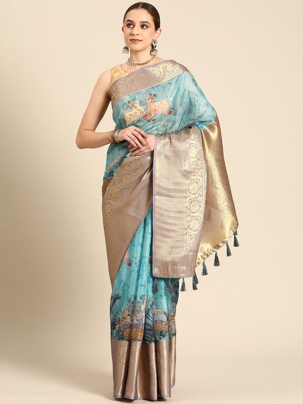Turquoise Munga Silk saree featuring a contemporary digital animal print design