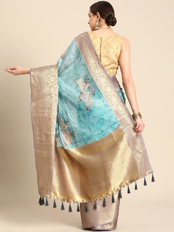 Turquoise Munga Silk Digital Print Animal Print Saree