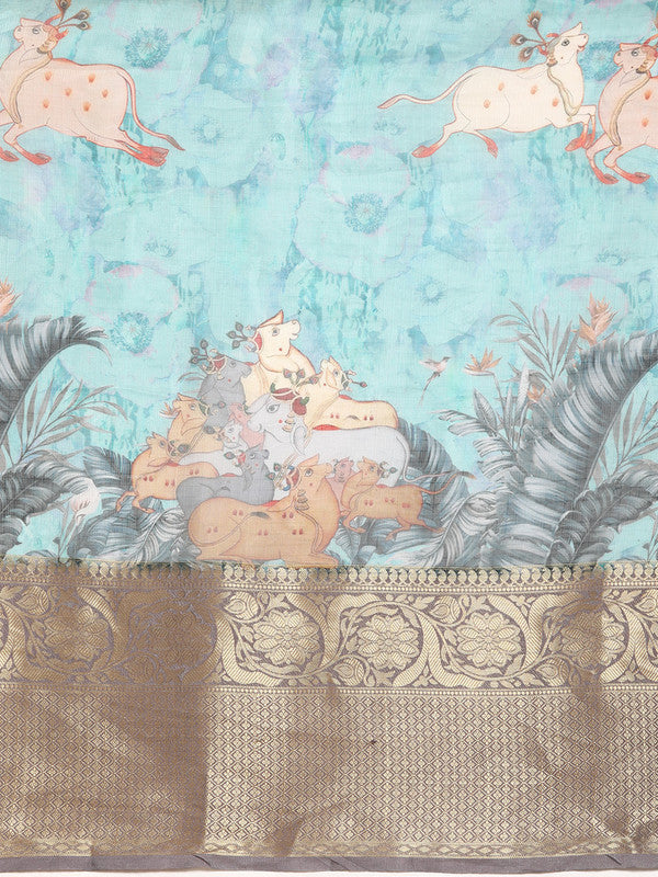 Turquoise Munga Silk Digital Print Animal Print Saree