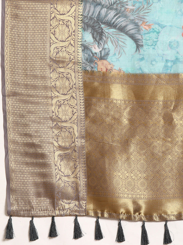 Turquoise Munga Silk Digital Print Animal Print Saree