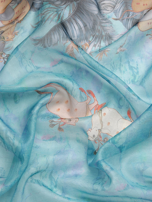 Turquoise Munga Silk Digital Print Animal Print Saree