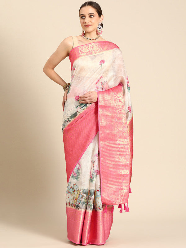 Off White Munga Silk saree featuring a stylish digital animal print pattern.