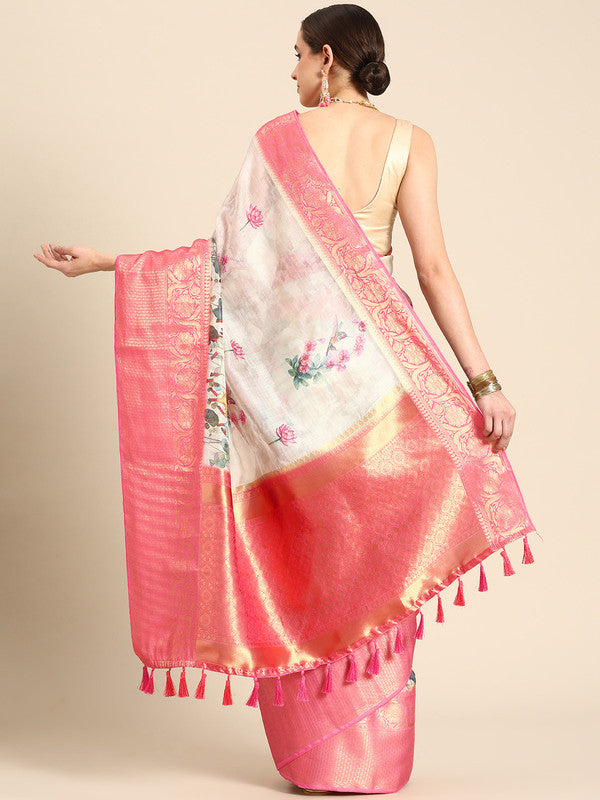 Off White Munga Silk Saree with Animal Print and Unstitched Blouse