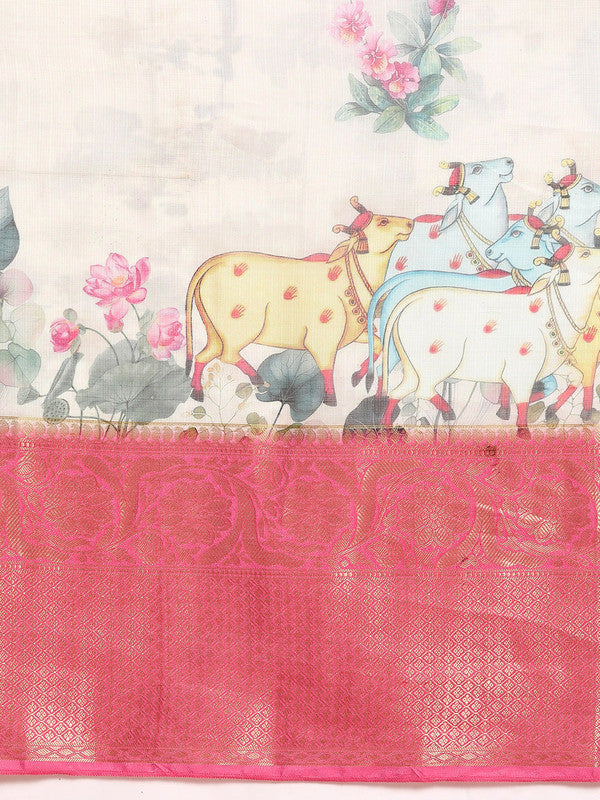 Off White Munga Silk Saree with Animal Print and Unstitched Blouse