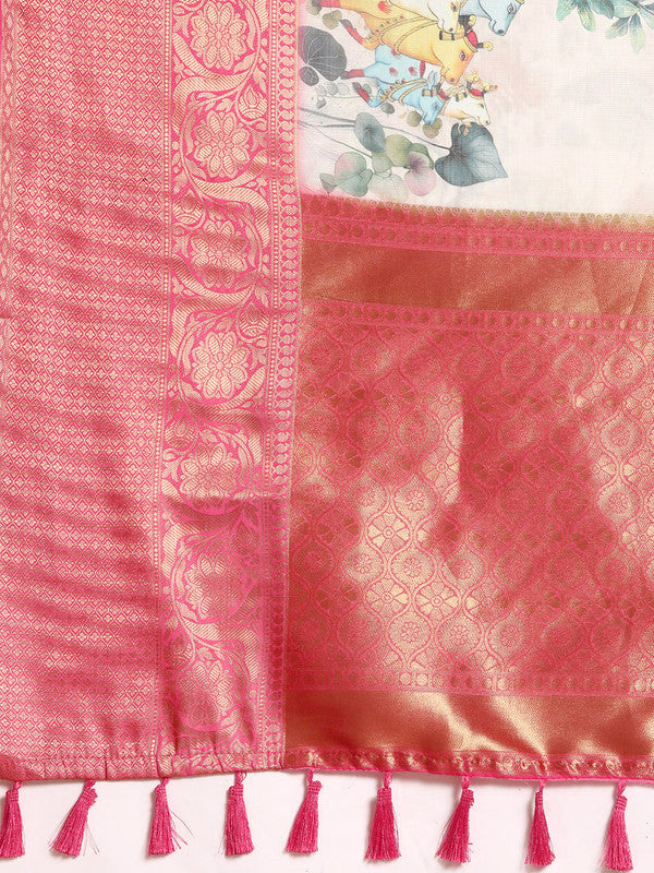 Off White Munga Silk Saree with Animal Print and Unstitched Blouse