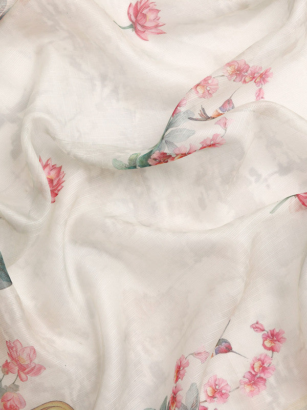 Off White Munga Silk Saree with Animal Print and Unstitched Blouse