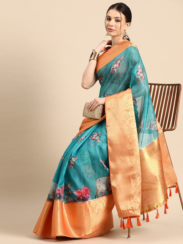 Off white Munga silk saree with digital animal print and matching unstitched blouse piece