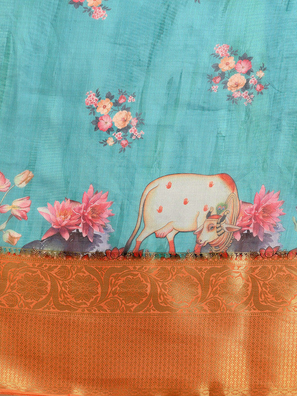 Off White Munga Silk Saree with Digital Animal Print
