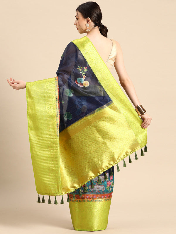 Navy Blue Munga Silk Saree with Animal Print Digital Patterns