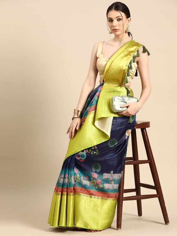Navy blue Munga silk saree with modern animal print digital design and unstitched blouse