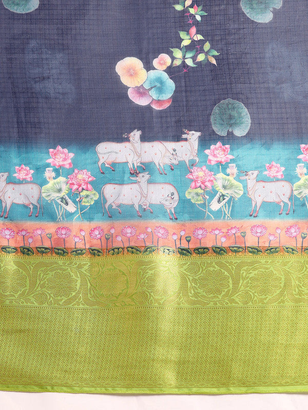 Navy Blue Munga Silk Saree with Animal Print Digital Patterns