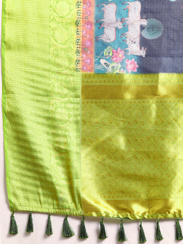 Navy Blue Munga Silk Saree with Animal Print Digital Patterns