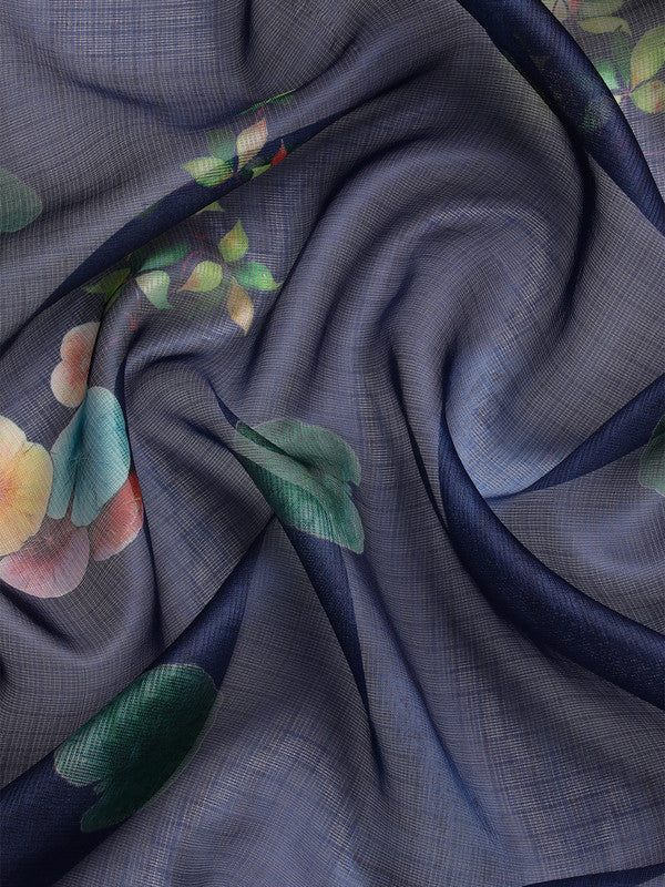 Navy Blue Munga Silk Saree with Animal Print Digital Patterns