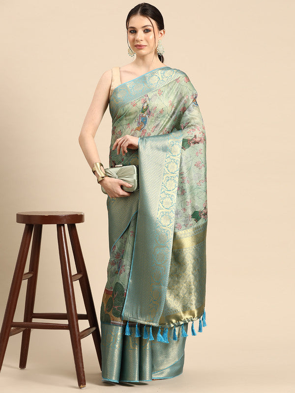 Green Munga silk saree with digital animal print and matching unstitched blouse