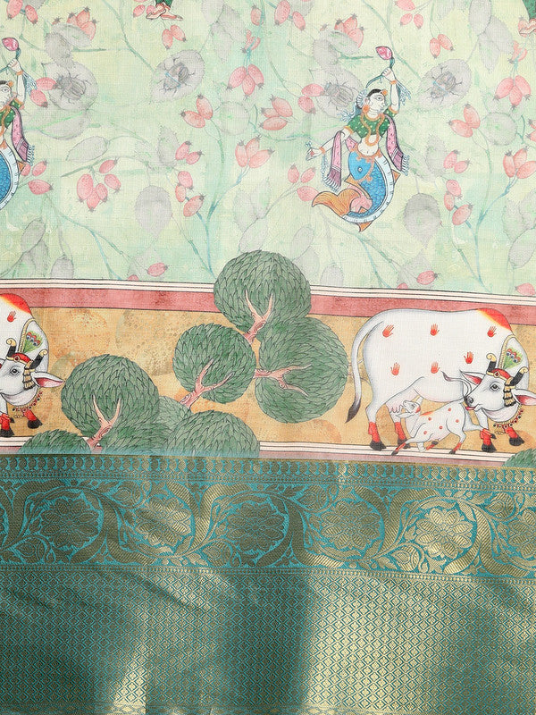Green Munga Silk Saree with Digital Animal Print & Unstitched Blouse