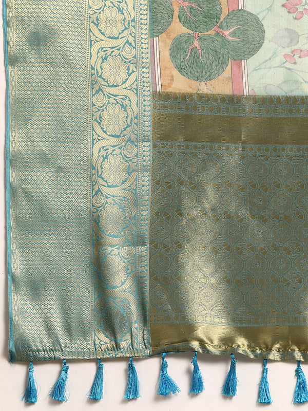 Green Munga Silk Saree with Digital Animal Print & Unstitched Blouse