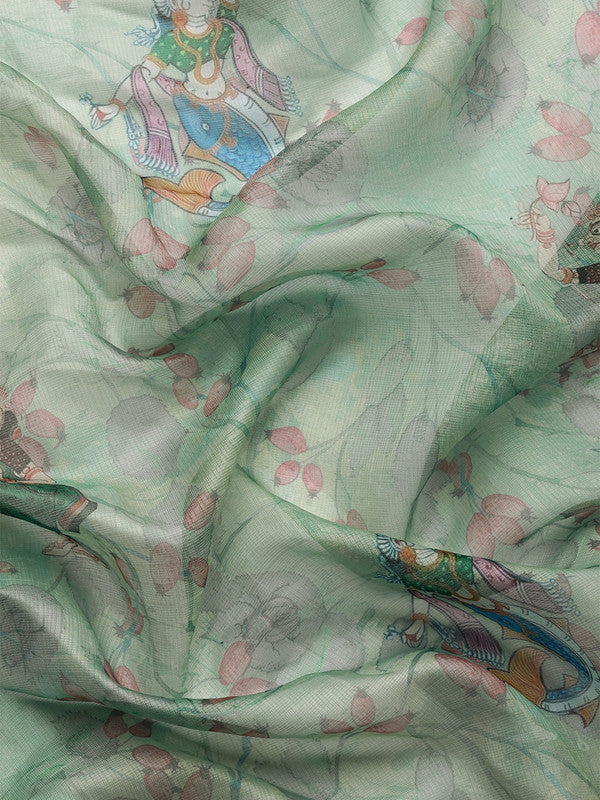 Green Munga Silk Saree with Digital Animal Print & Unstitched Blouse