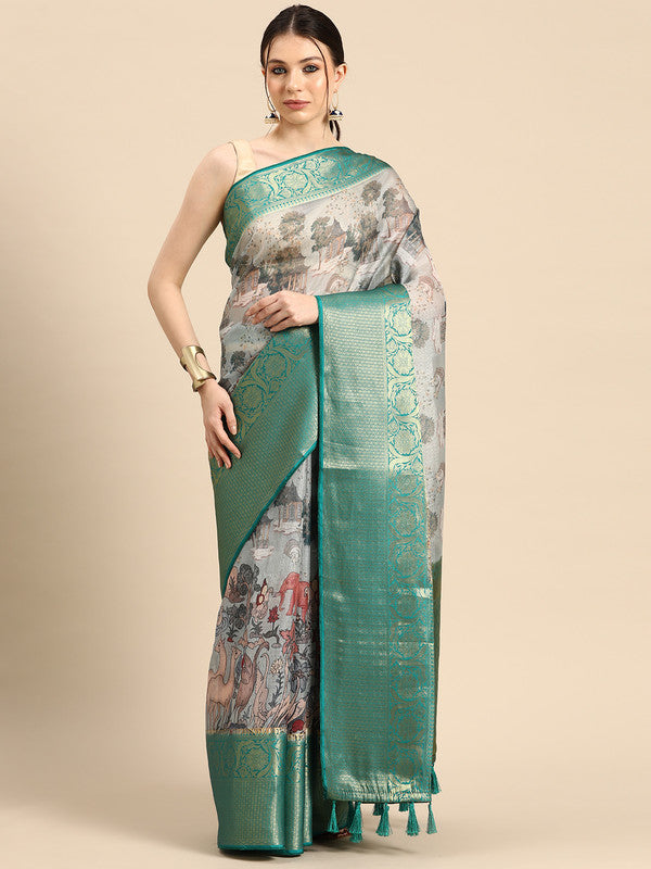 Gray Munga silk saree with digital animal print and unstitched blouse