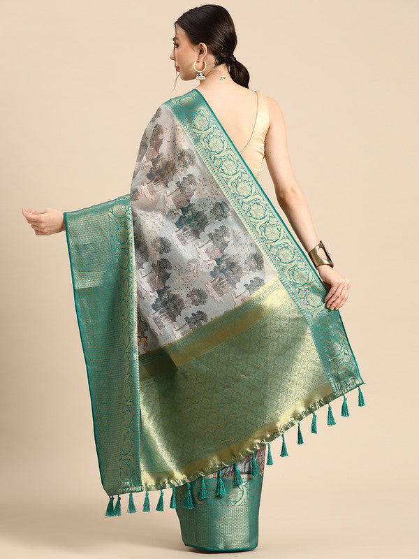 Gray Munga Silk Saree with Modern Animal Print