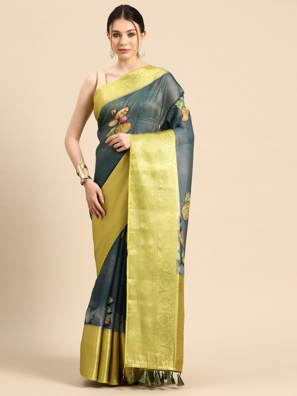 Dark blue Munga Silk saree with a beautiful digital floral pattern.