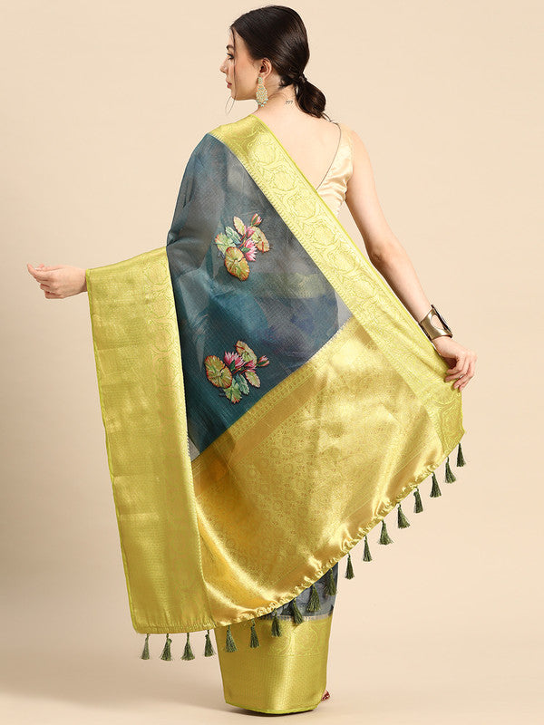 Dark Blue Munga Silk Saree with Floral Print and Unstitched Blouse