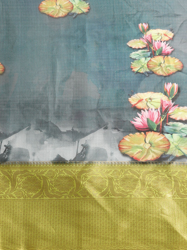 Dark Blue Munga Silk Saree with Floral Print and Unstitched Blouse