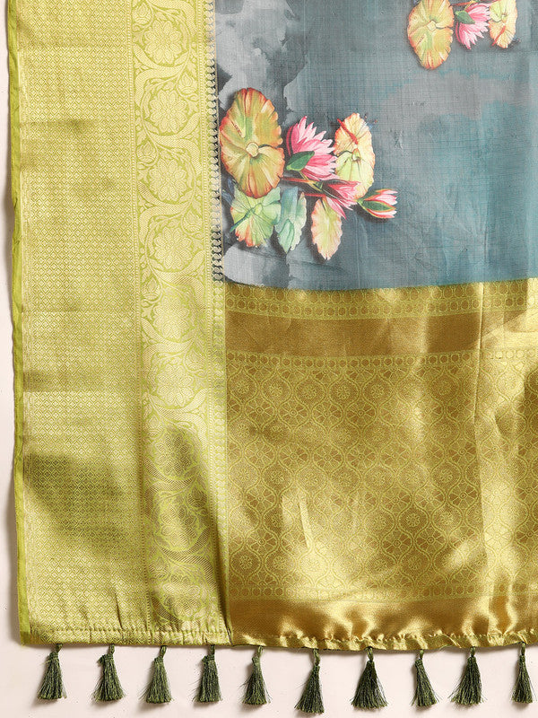 Dark Blue Munga Silk Saree with Floral Print and Unstitched Blouse