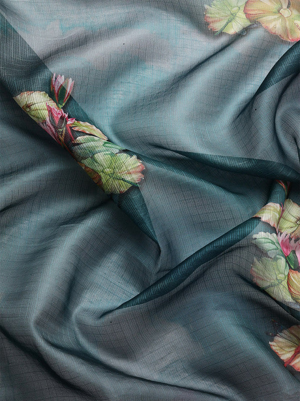Dark Blue Munga Silk Saree with Floral Print and Unstitched Blouse