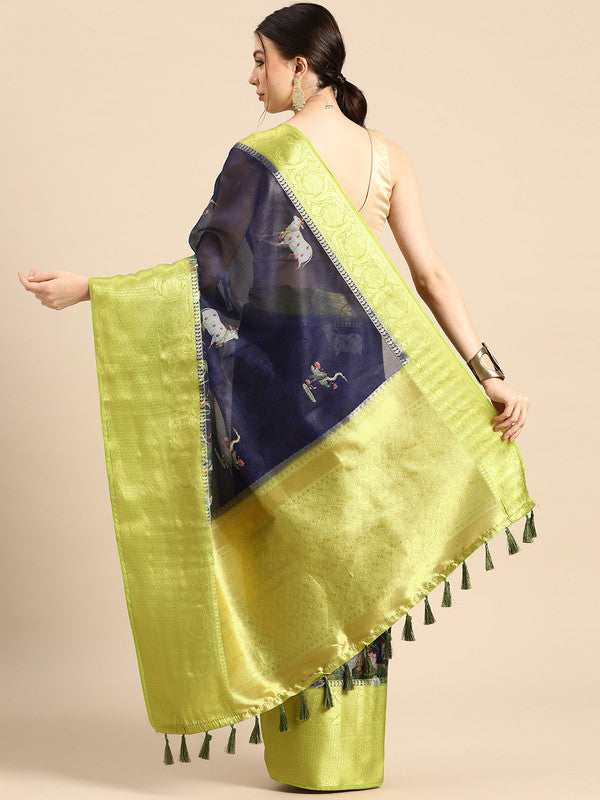 Navy Blue Munga Silk Animal Print Saree with Unstitched Blouse