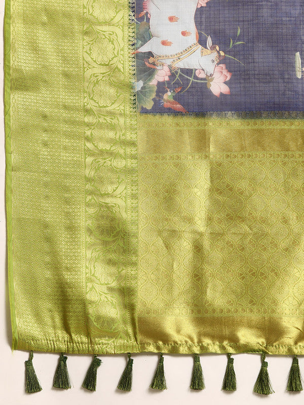 Navy Blue Munga Silk Animal Print Saree with Unstitched Blouse
