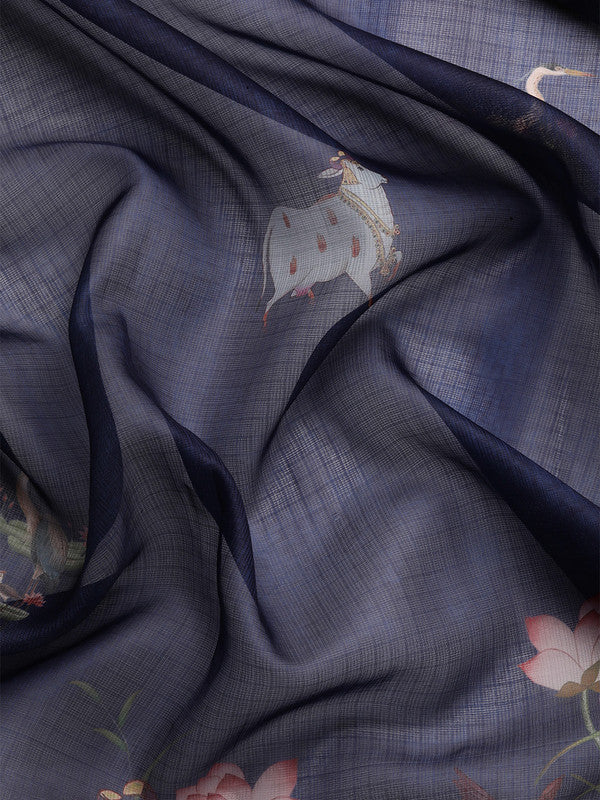 Navy Blue Munga Silk Animal Print Saree with Unstitched Blouse