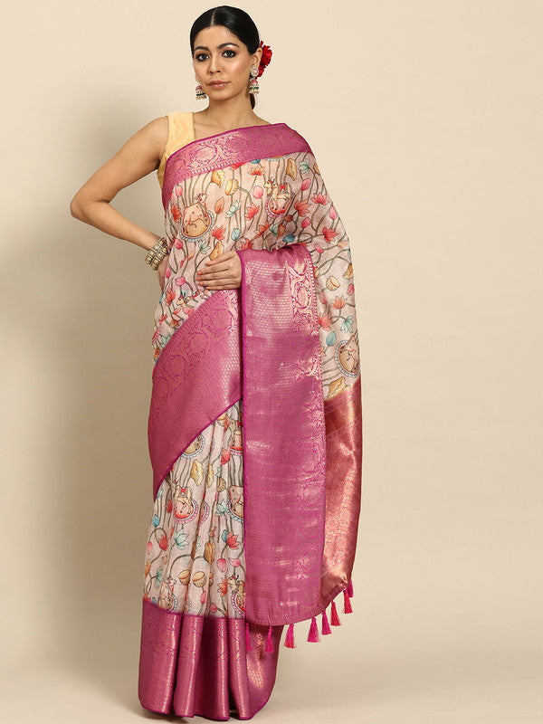 Beige Munga Silk saree with an elegant digital animal print design.