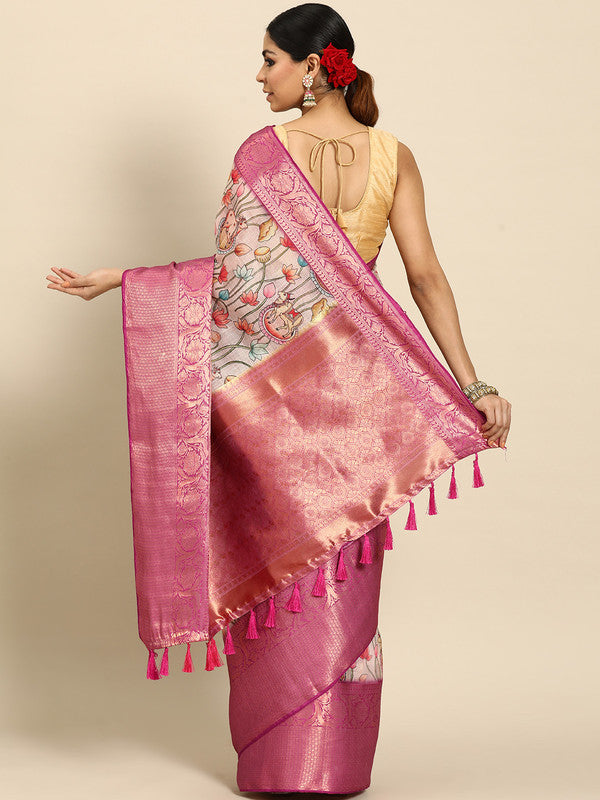 Beige Munga Silk Saree with Animal Print and Unstitched Blouse