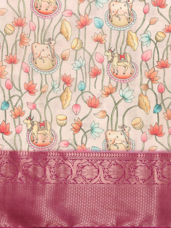 Beige Munga Silk Saree with Animal Print and Unstitched Blouse