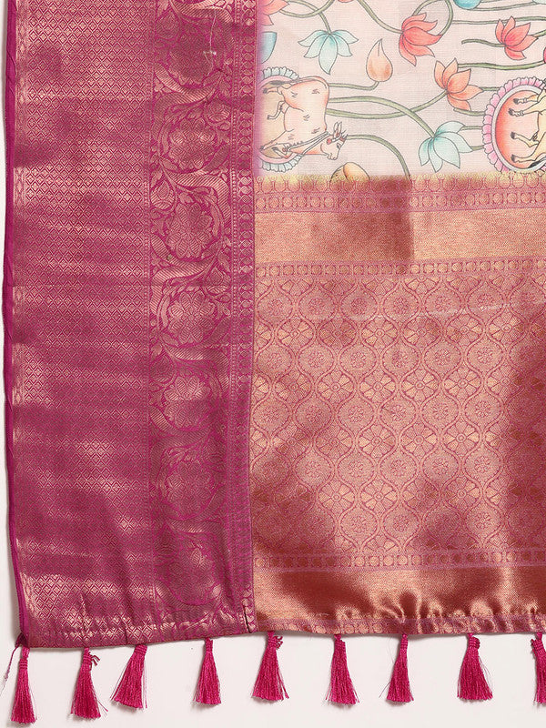 Beige Munga Silk Saree with Animal Print and Unstitched Blouse
