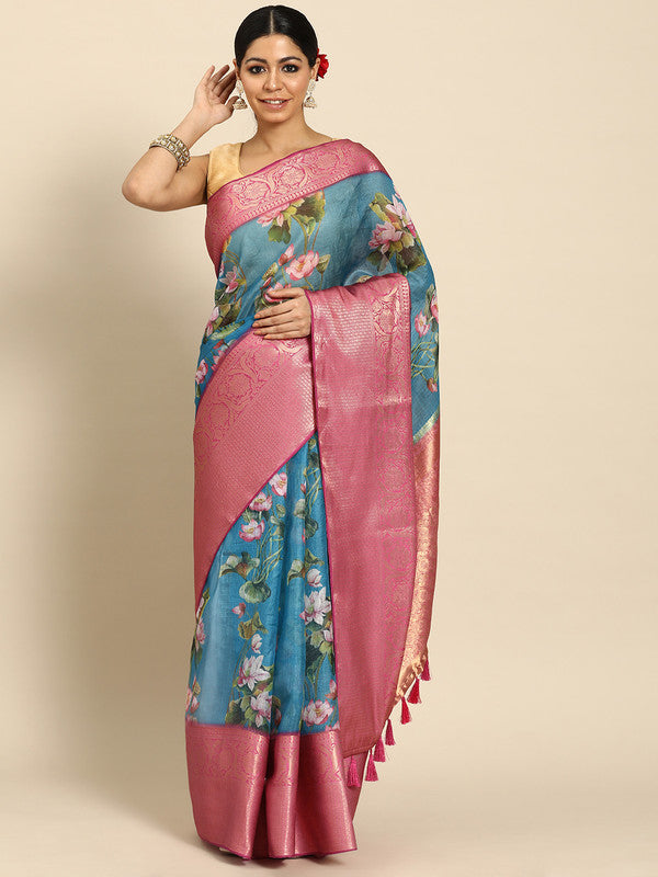 Turquoise Munga Silk Digital Print Floral Saree with Blouse
