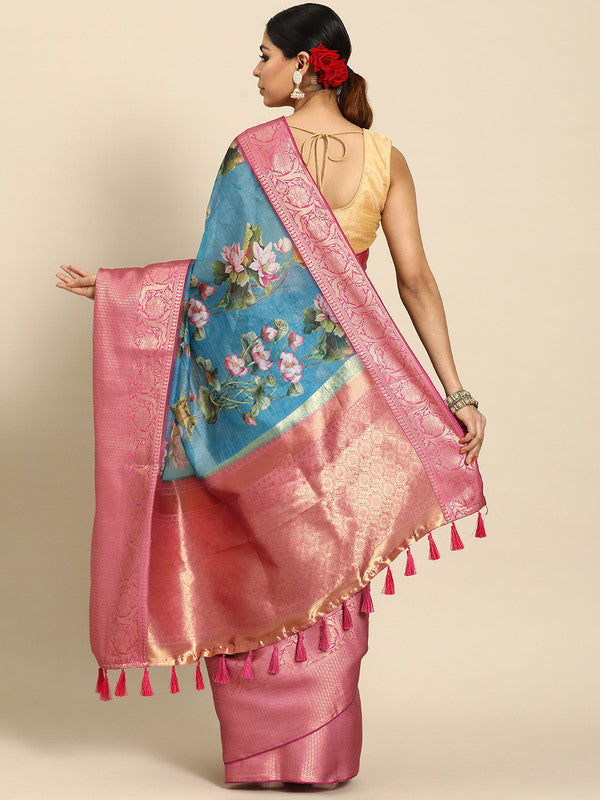 Turquoise Munga Silk Digital Print Floral Saree with Blouse
