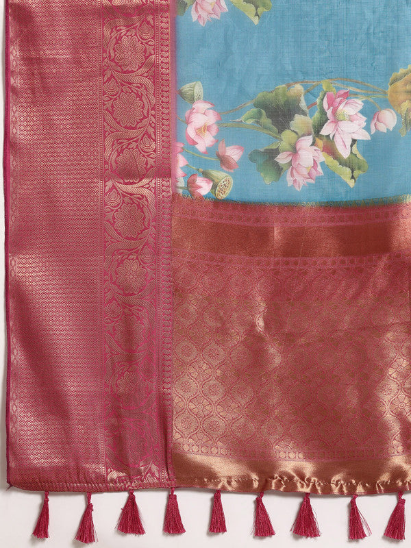 Turquoise Munga Silk Digital Print Floral Saree with Blouse
