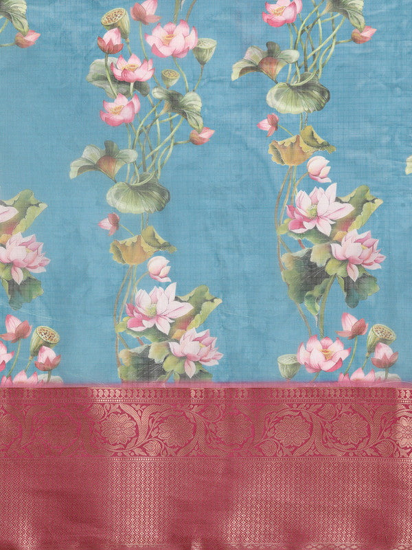 Turquoise Munga Silk Digital Print Floral Saree with Blouse