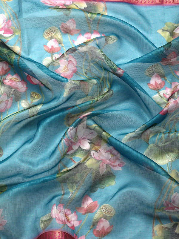 Turquoise Munga Silk Digital Print Floral Saree with Blouse