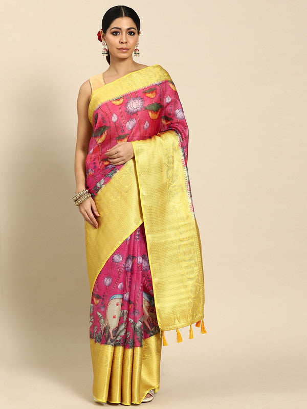 Pink Munga silk saree with animal digital print and unstitched blouse