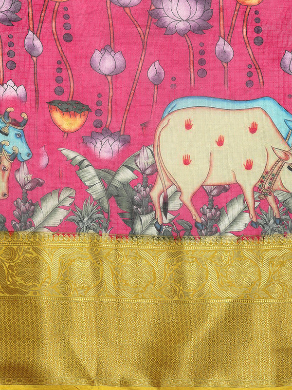 Pink Munga Silk Animal Print Digital Print Saree
