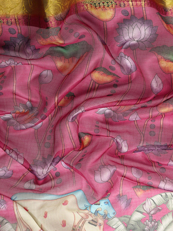 Pink Munga Silk Animal Print Digital Print Saree