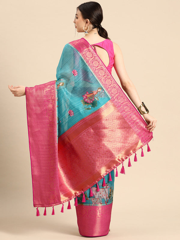 Turquoise Munga Silk Saree with Animal Print and Unstitched Blouse