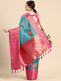 Turquoise Munga Silk Saree with Animal Print and Unstitched Blouse