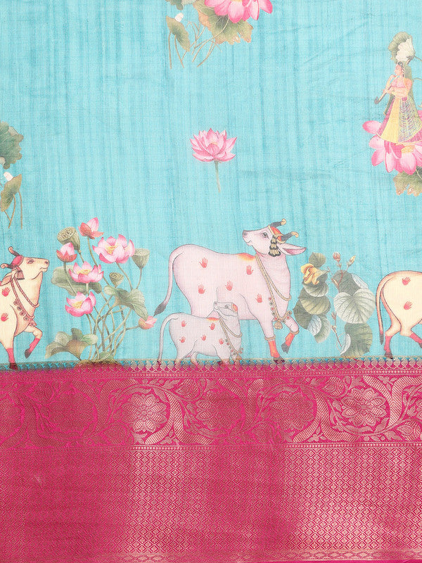Turquoise Munga Silk Saree with Animal Print and Unstitched Blouse